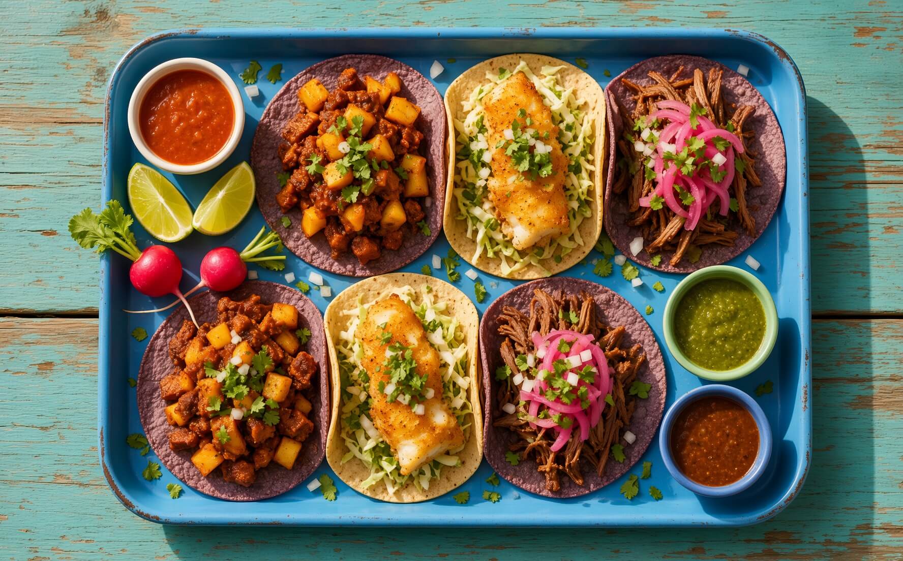 An enamel tray of six blue corn tacos with lime wedges, radishes and three salsas on a painted picnic table.