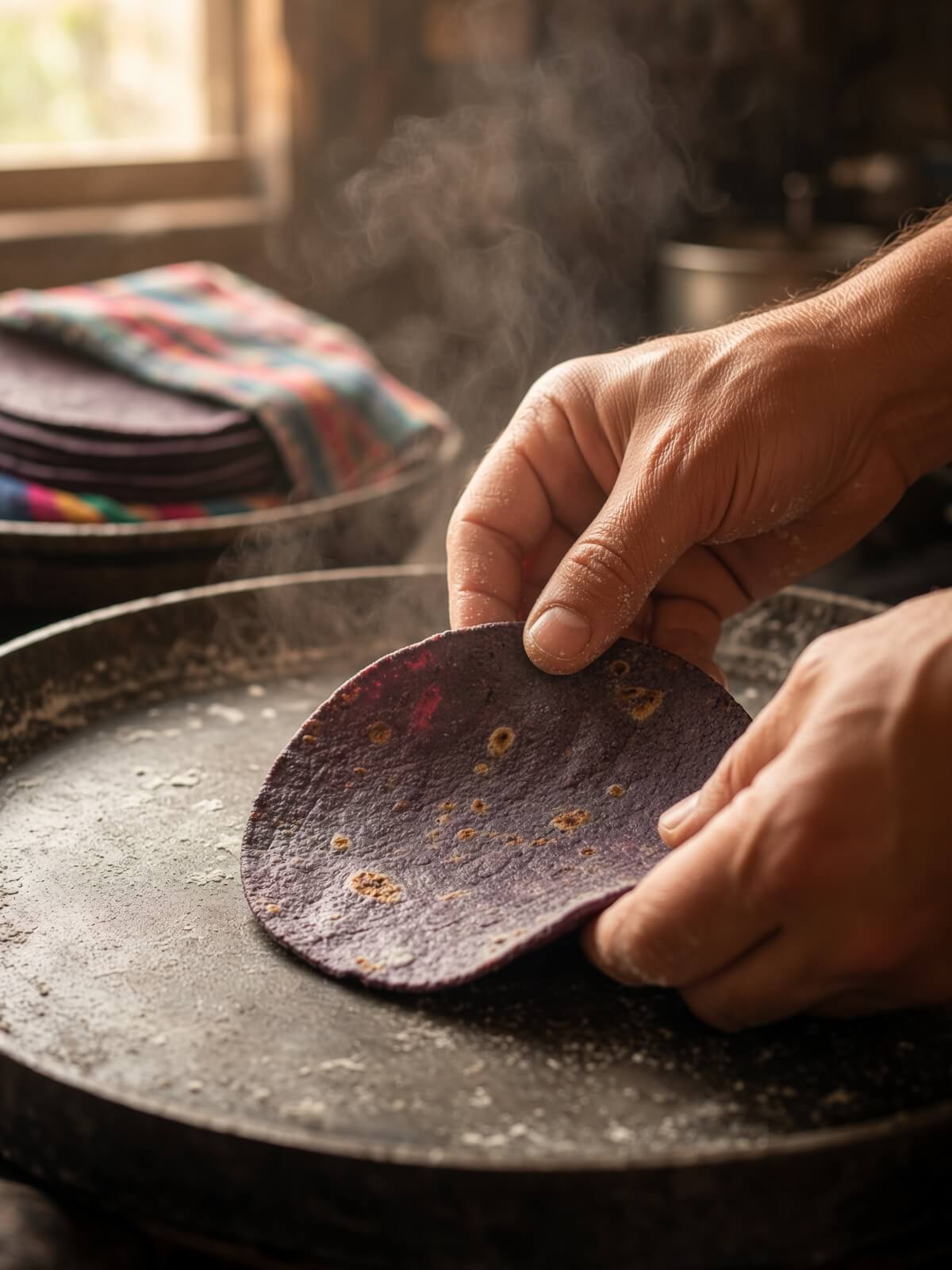 Two hands lifting a fresh blue corn tortilla off a hot steel comal, steam rising.