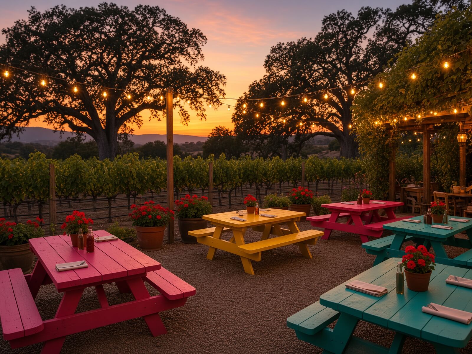 A gravel patio with painted picnic tables, string lights and a row of vines behind it at dusk.